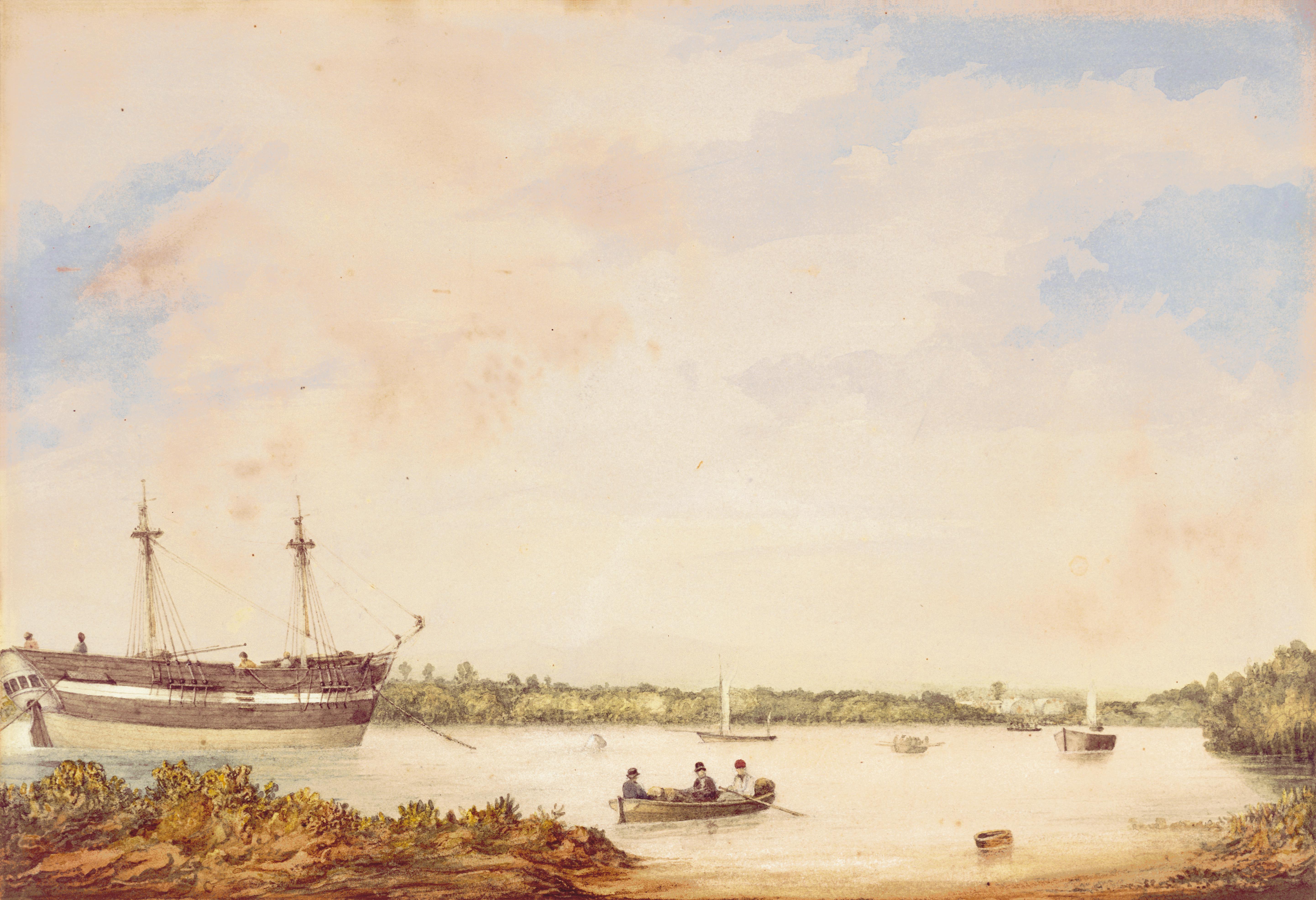 Thumbnail image for Distant view of the landing place and iron stores at Port Adelaide with the South Australian Company's storeship Sir Charles McCarthy at anchor | AGSA 0.946